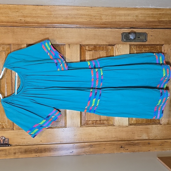 Vintage Blue Green CaftanDress By Cotillion with Rainbow Accents - Picture 4 of 4